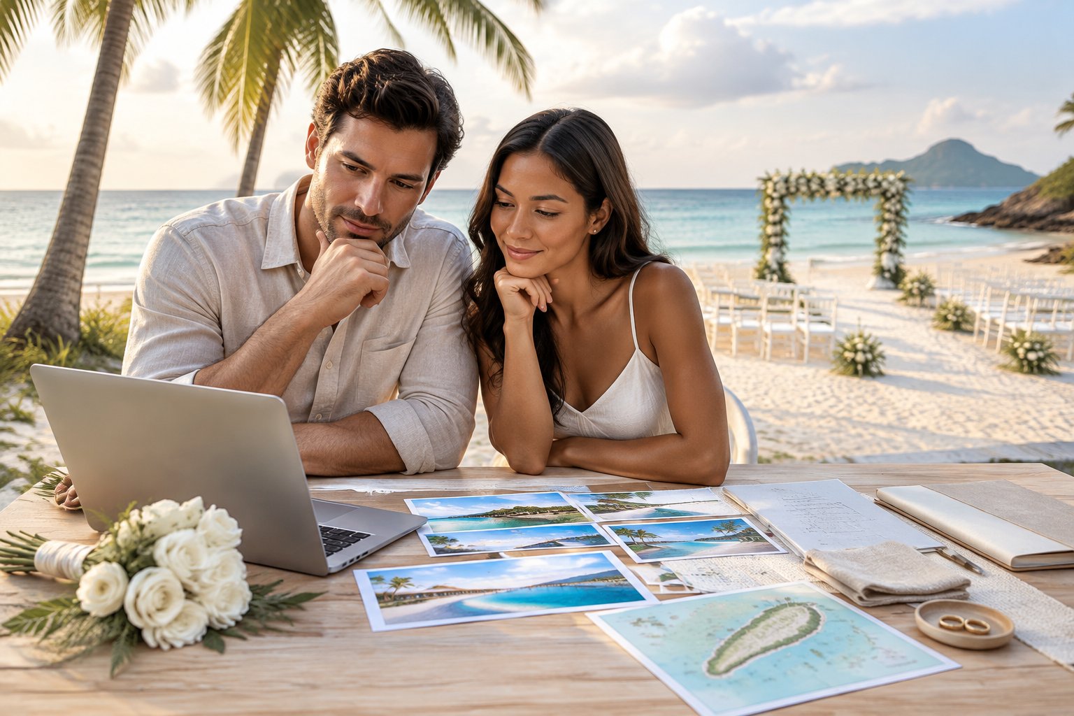 A couple reviews beach wedding venue options at a table overlooking a tropical shoreline.
