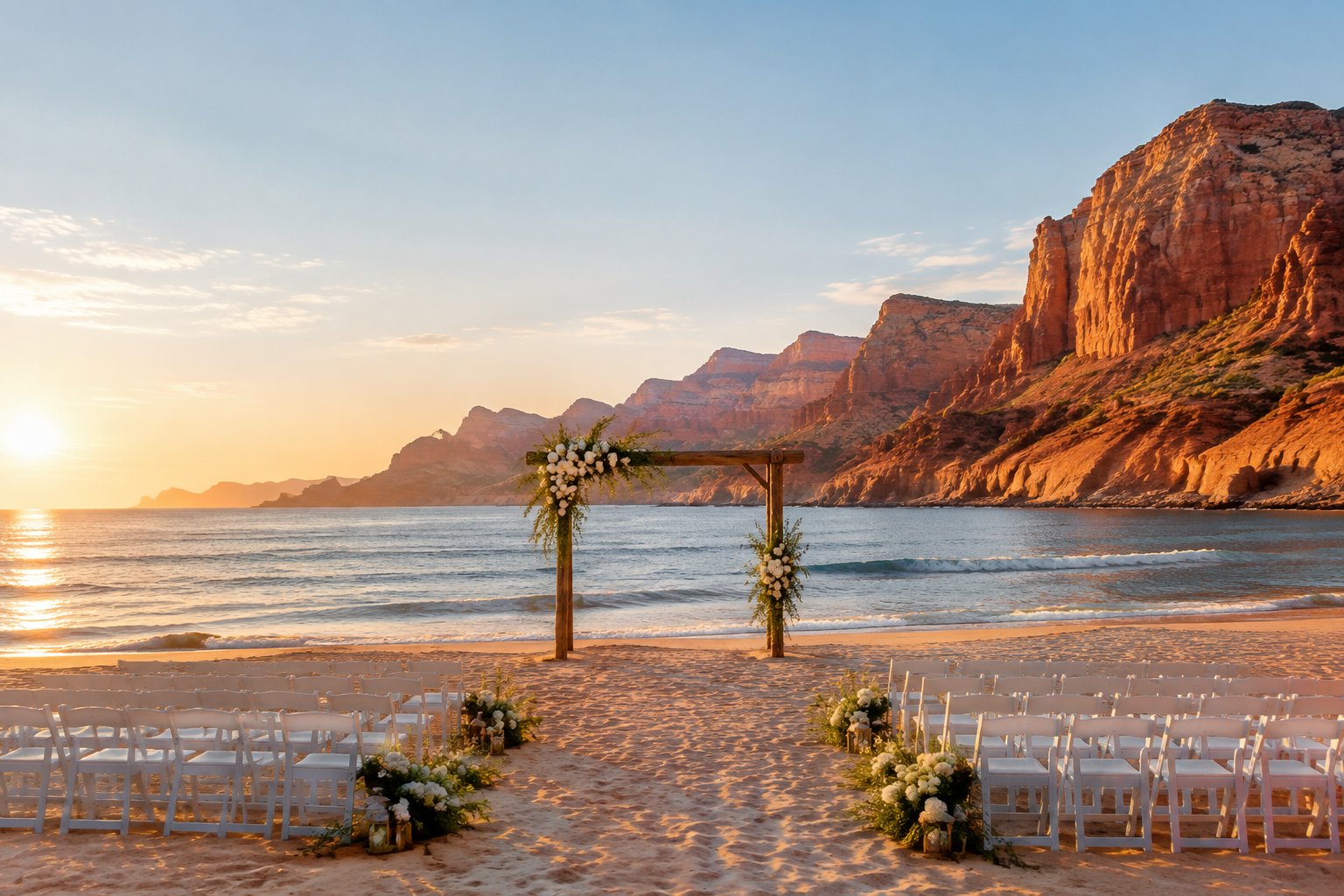 A beach wedding ceremony setup with white chairs and a flower-covered arch, backed by ocean water and red desert cliffs.