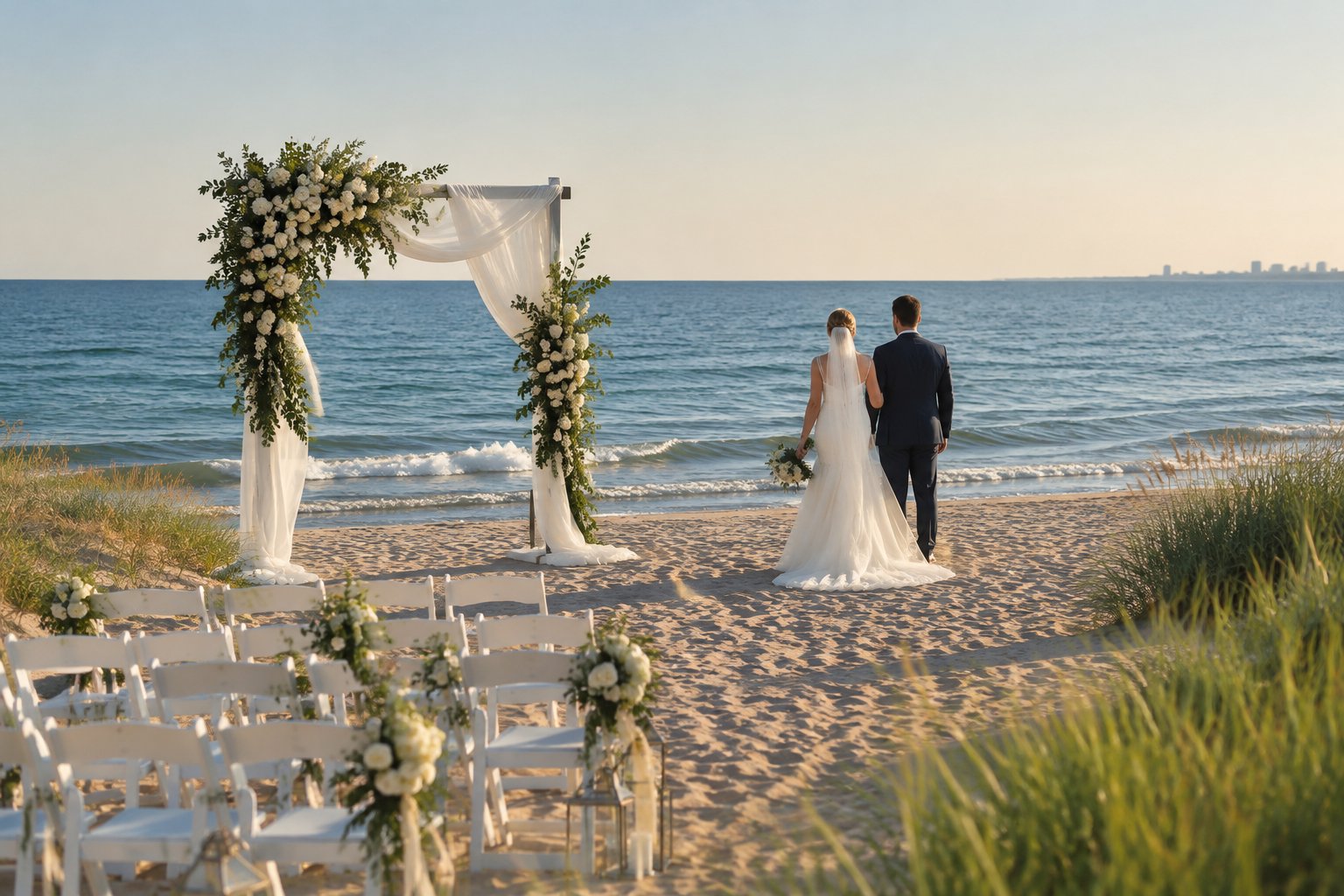 A couple stands beside a decorated wedding arch on a sandy lakeside beach with chairs facing the water.
