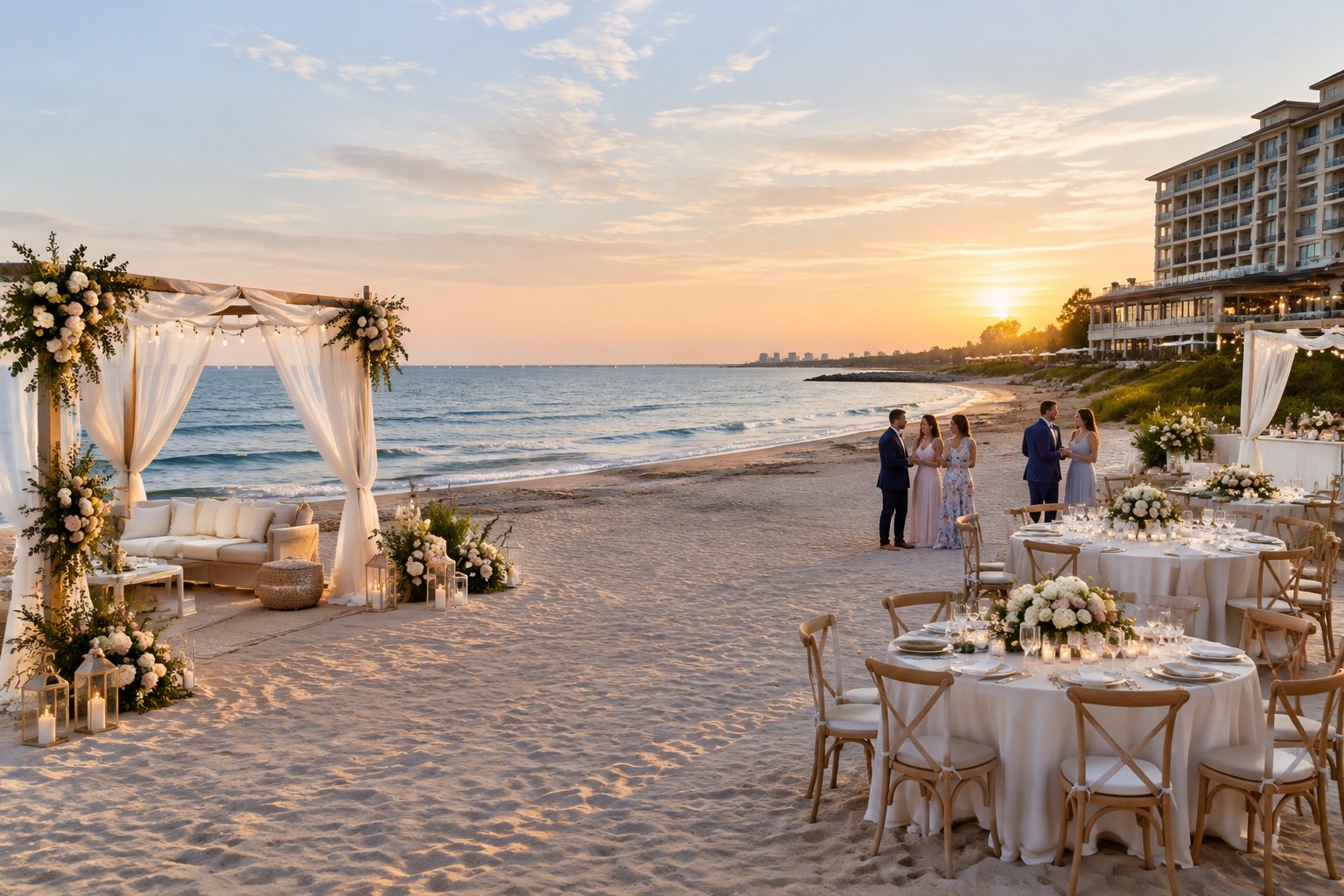 An elegant beach wedding reception beside a Lake Michigan hotel in Zion, Illinois.