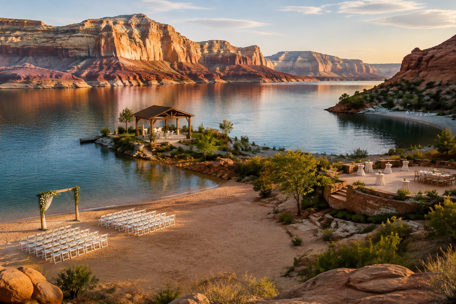 A scenic lake with red rock cliffs and several possible waterfront wedding settings along the shoreline.