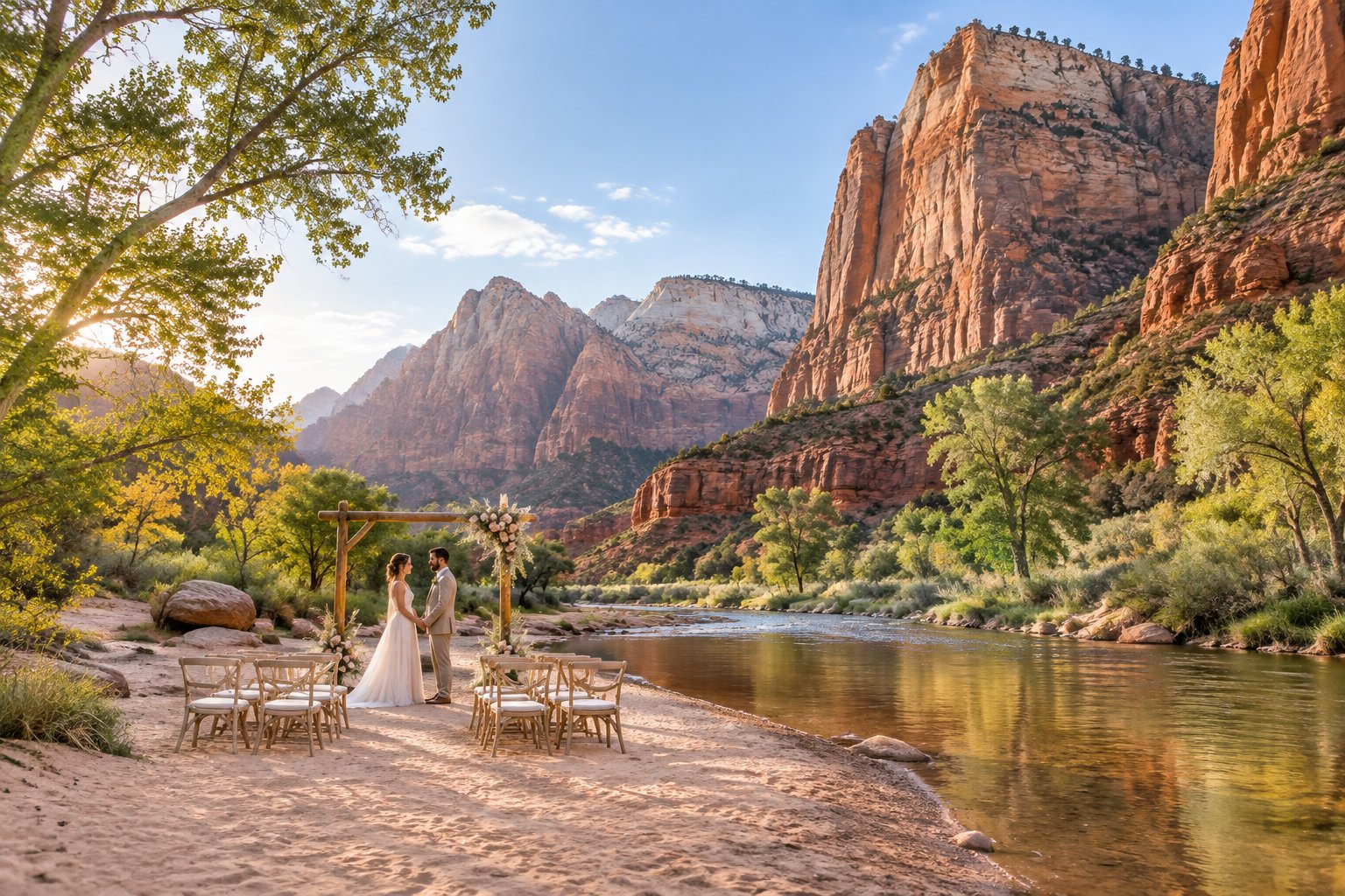 A wedding ceremony setup on a sandy riverbank beneath Zion National Park’s red canyon cliffs.