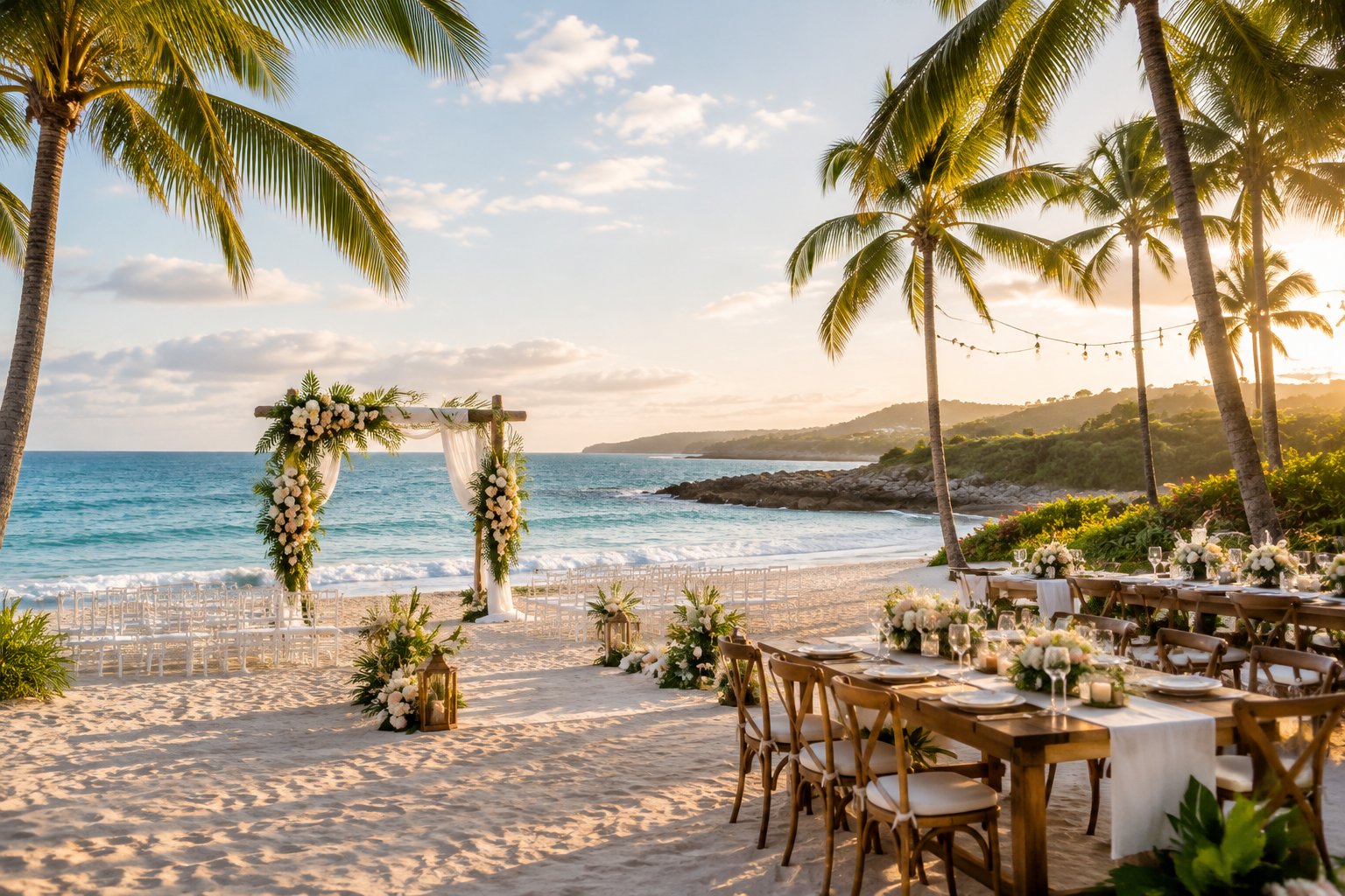 Elegant wedding ceremony and reception setup on a tropical Puerto Rican beach beside turquoise water.
