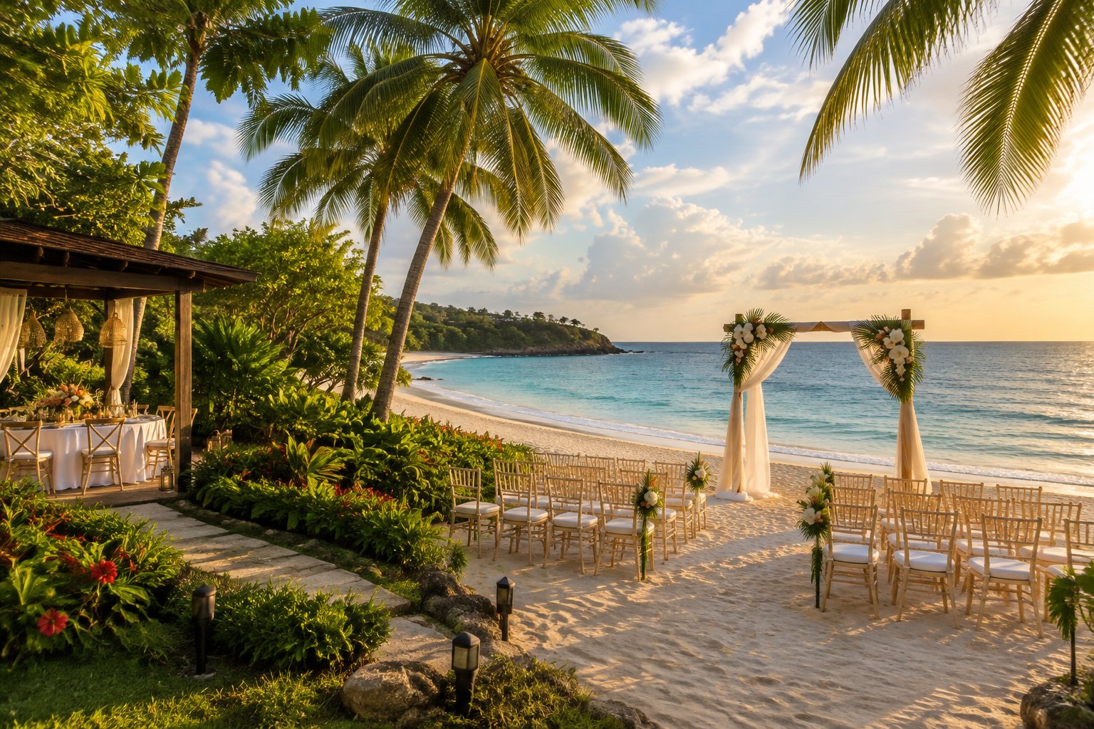 A tropical Puerto Rican beach wedding venue with an oceanfront ceremony setup, palm trees, turquoise water, and a sandy shoreline.