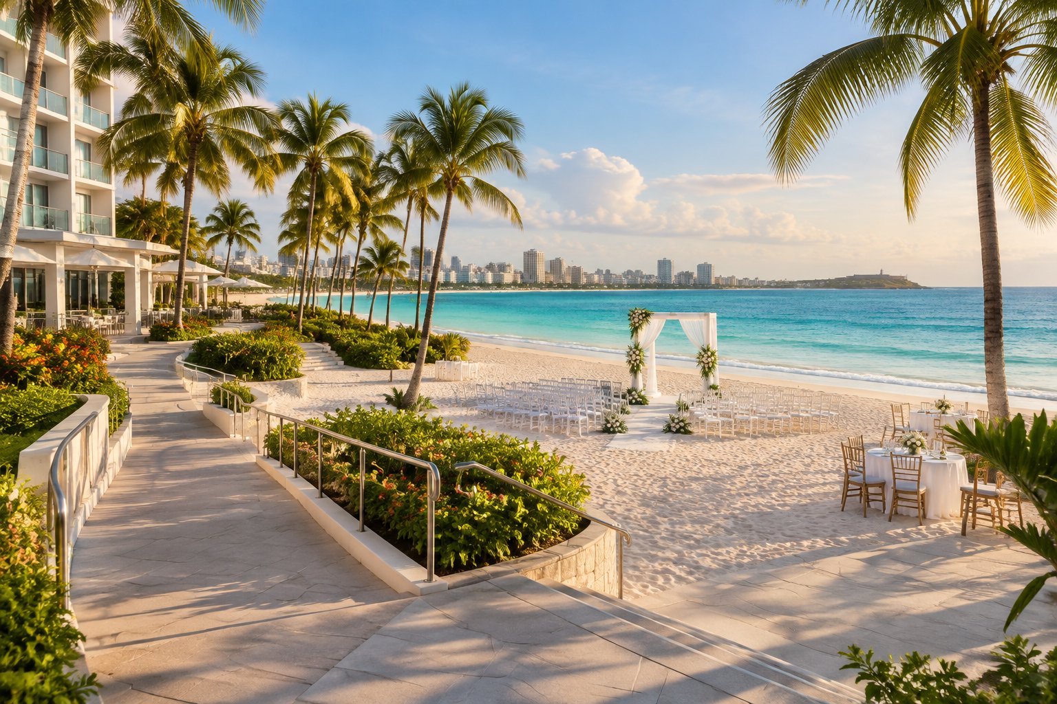 A beach wedding setup with white chairs, a floral arch, palm trees, and an accessible walkway beside a Puerto Rican resort.