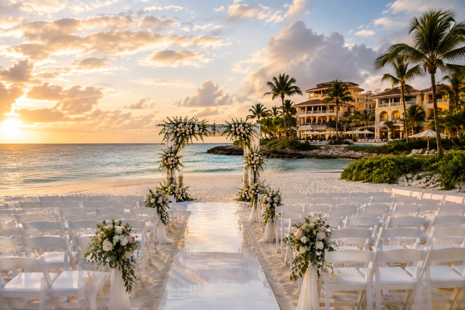 A luxury beach wedding setup at a tropical Puerto Rico resort beside turquoise water.