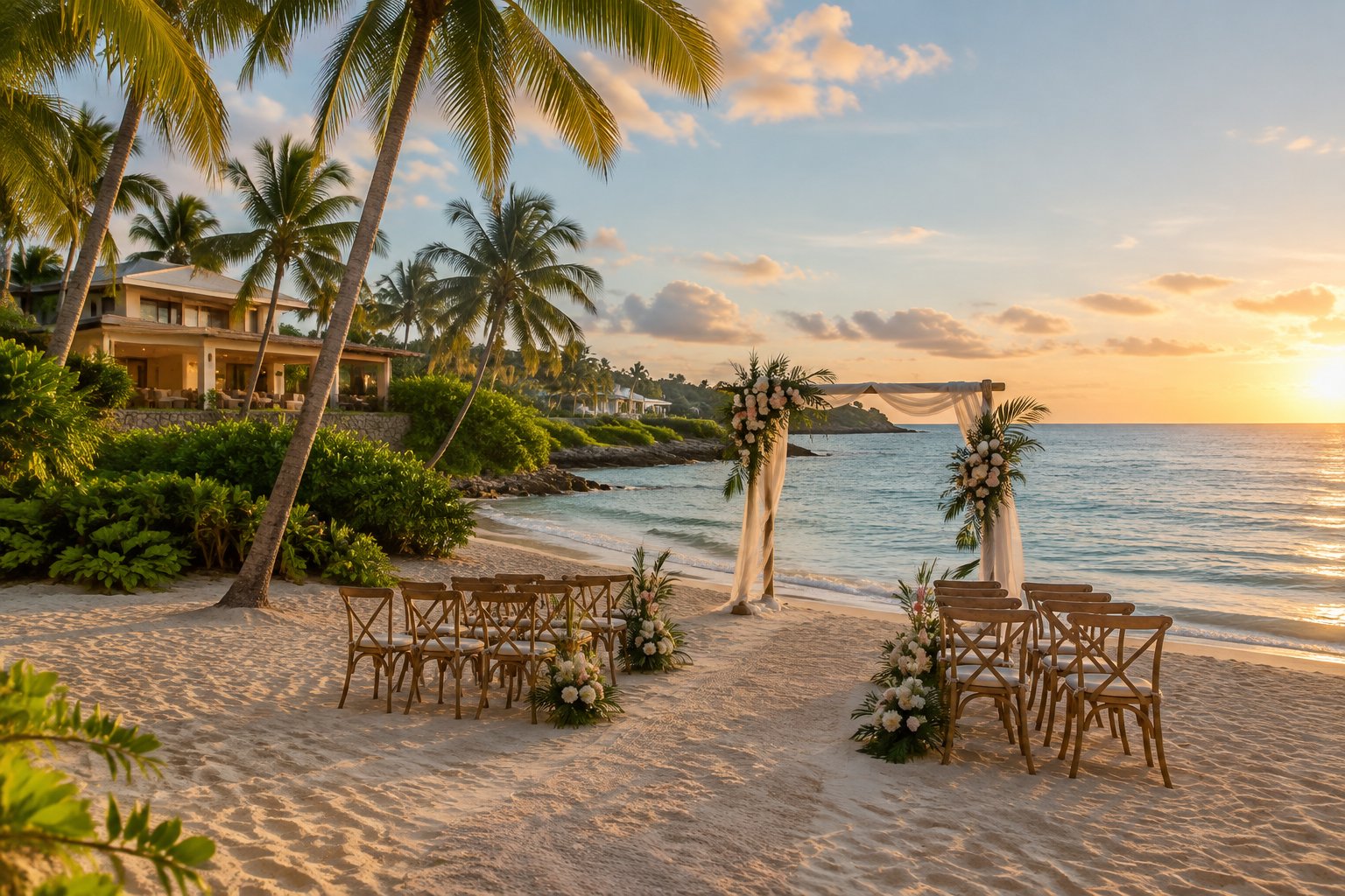 An intimate beach wedding setup with a floral arch, chairs, palm trees, turquoise water, and a beachfront villa in Puerto Rico.