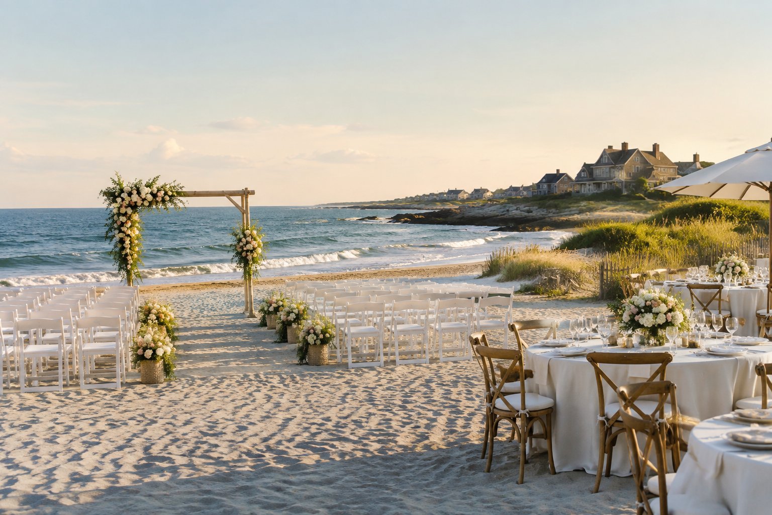 An elegant wedding ceremony setup on a sandy Rhode Island beach beside the ocean.