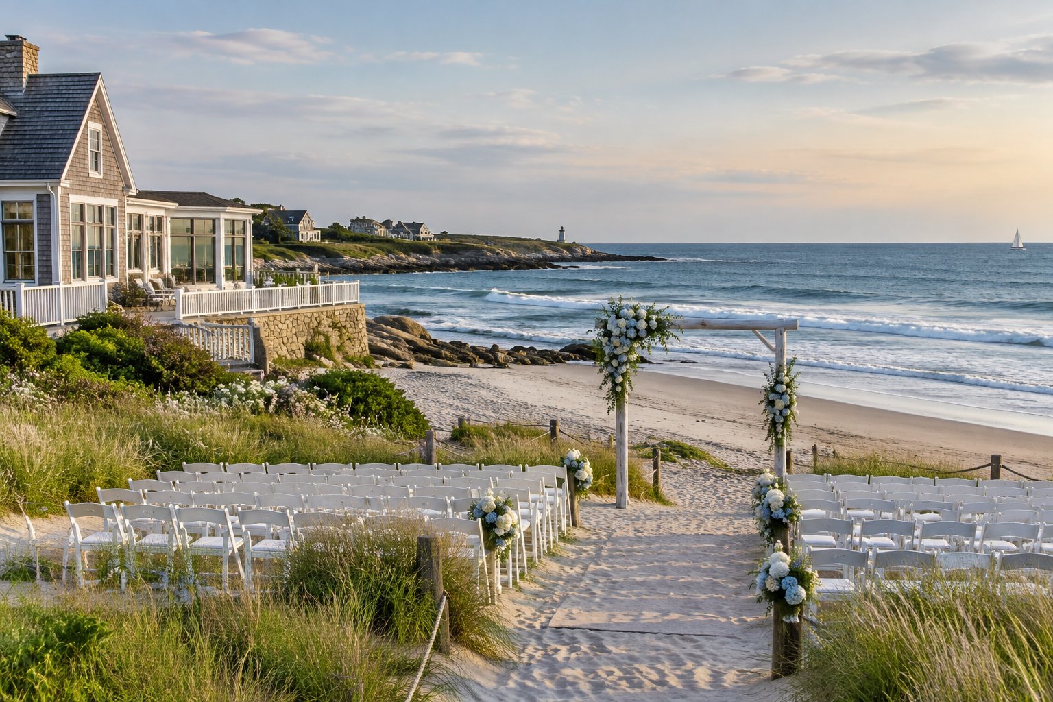 A seaside wedding ceremony setup beside a sandy Rhode Island beach with the ocean and a shingled venue in the background.