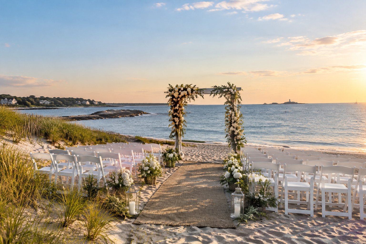 Elegant wedding ceremony setup on a sandy Rhode Island beach beside calm coastal water.