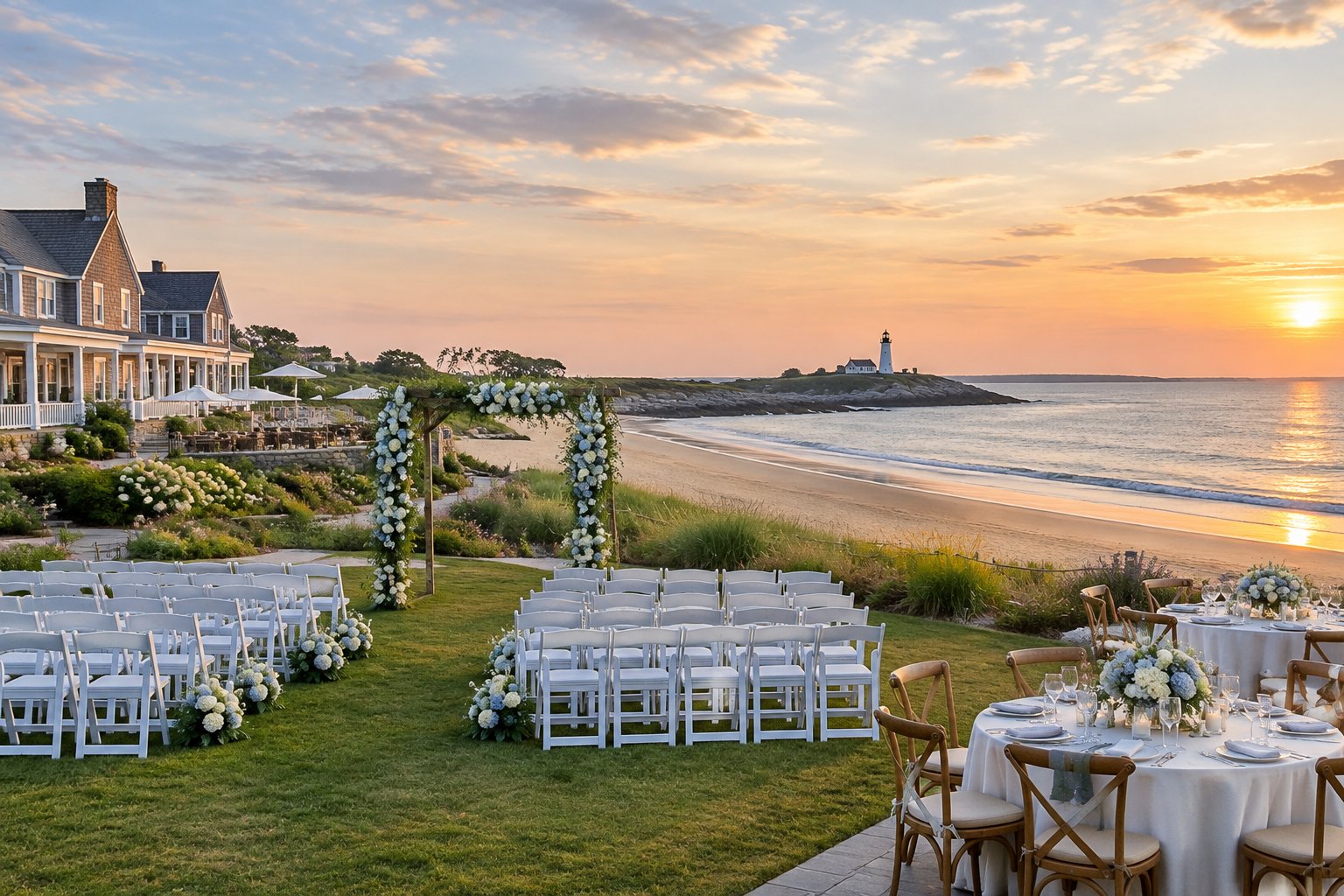 A seaside wedding venue with white chairs, floral decorations, and a sandy beach beside calm ocean water.