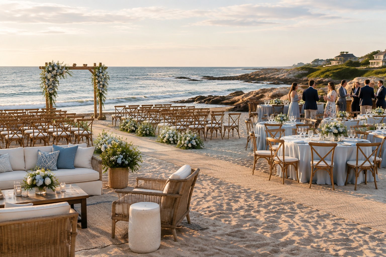 A seaside wedding ceremony and reception setup on a Rhode Island beach with ocean views and guests mingling.