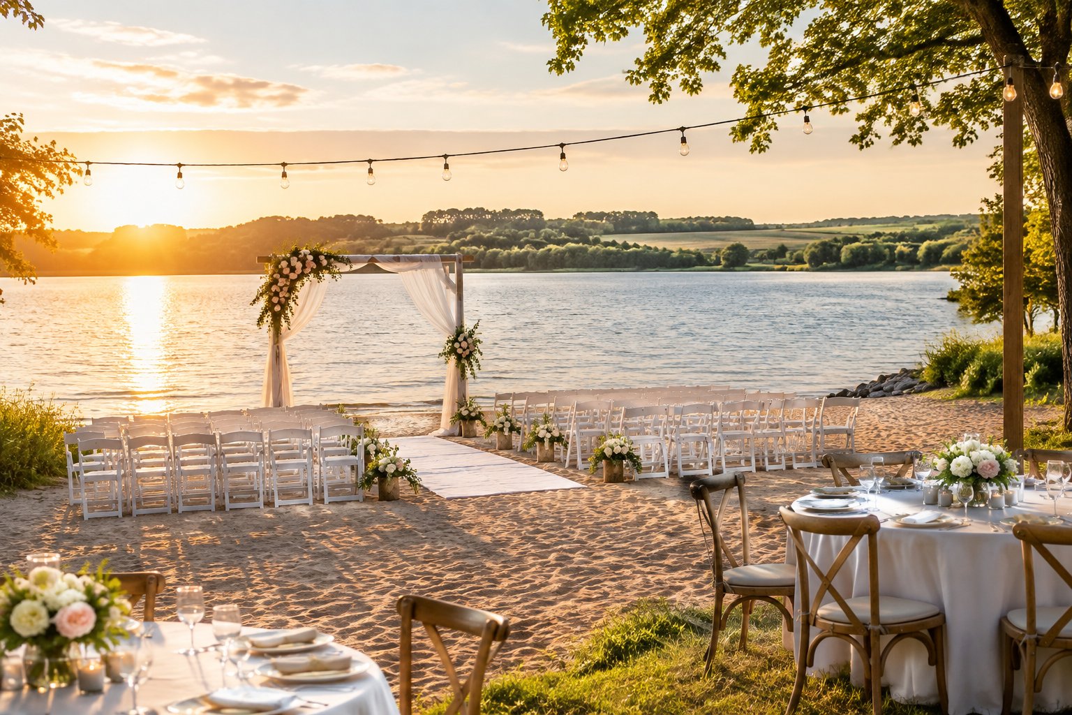 An elegant lakeside wedding ceremony setup on a sandy beach surrounded by greenery.