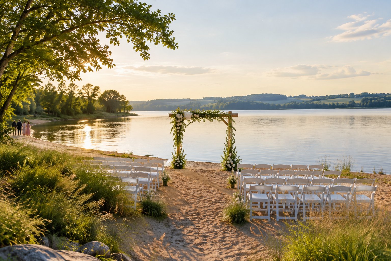An outdoor wedding ceremony setup beside a calm lake with a sandy shoreline, greenery, and white chairs.