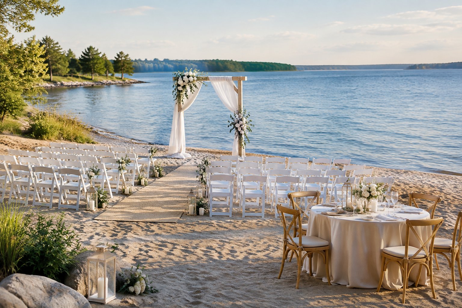Elegant outdoor wedding setup beside a calm sandy lakeshore.