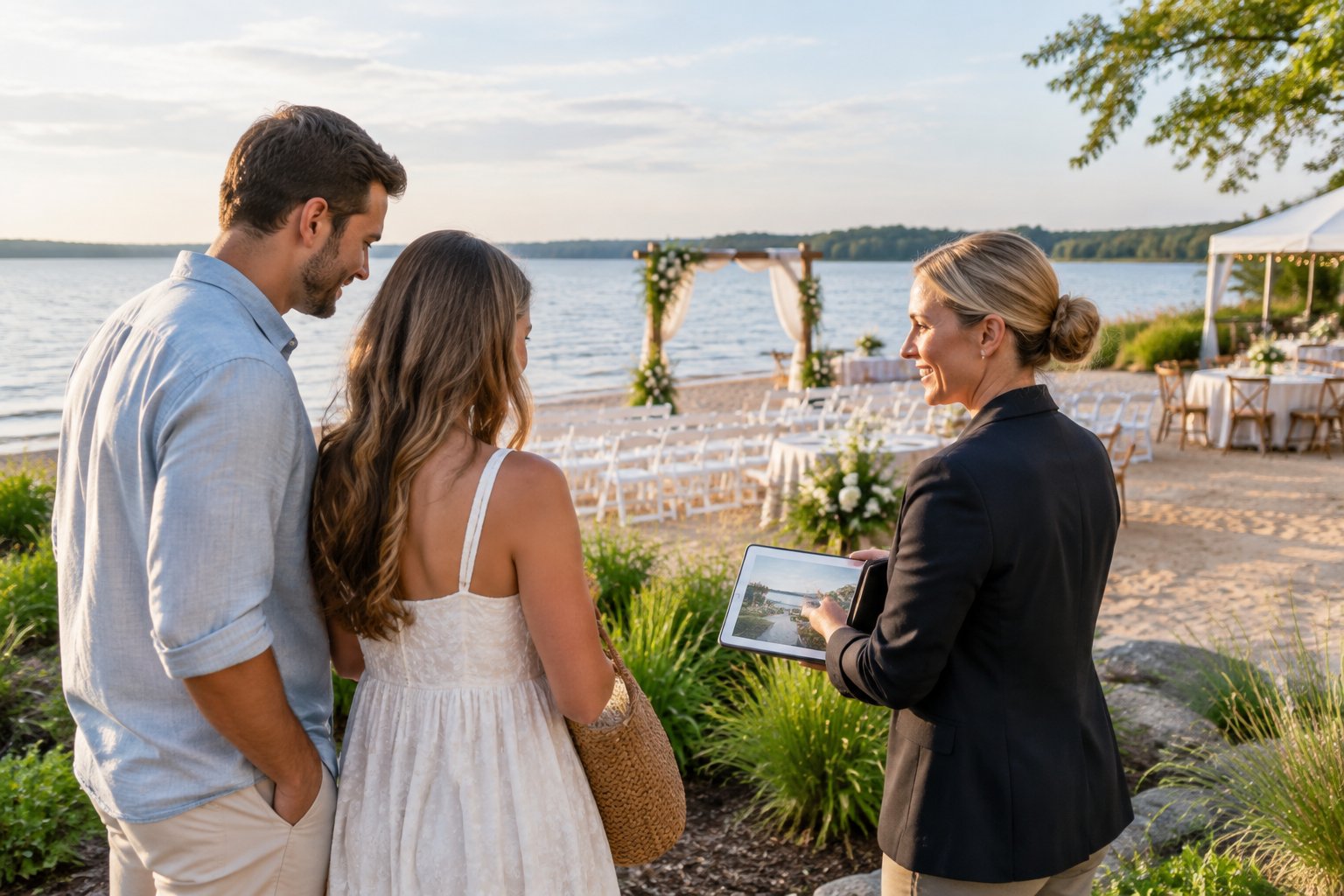 A couple discusses a lakeside wedding venue with a coordinator near a decorated outdoor ceremony area.