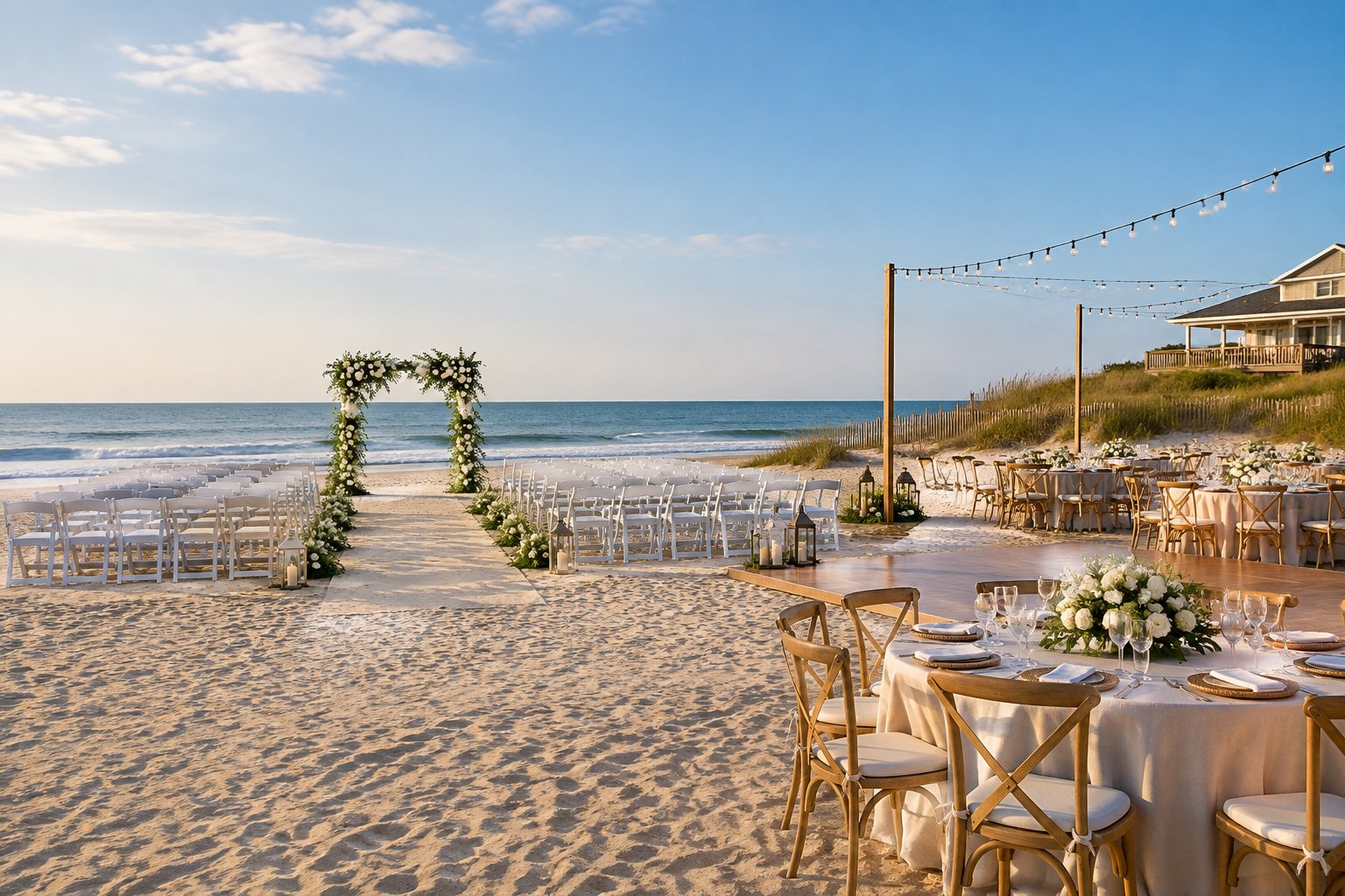 A decorated beach wedding ceremony and reception setup beside calm ocean water.
