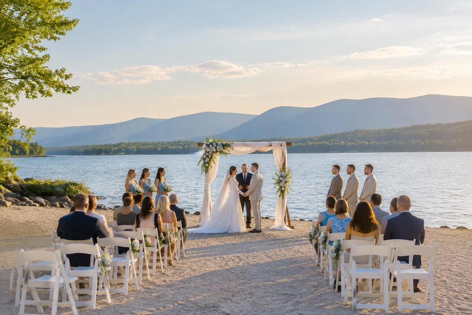 A couple stands beneath a flower-adorned wedding arch beside a calm lakeshore with mountains in the background.