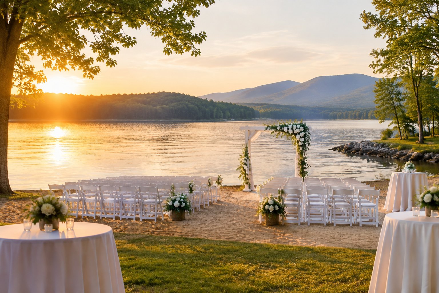Elegant lakeside wedding ceremony setup with white chairs, a flower-covered arch, and calm water at sunset.