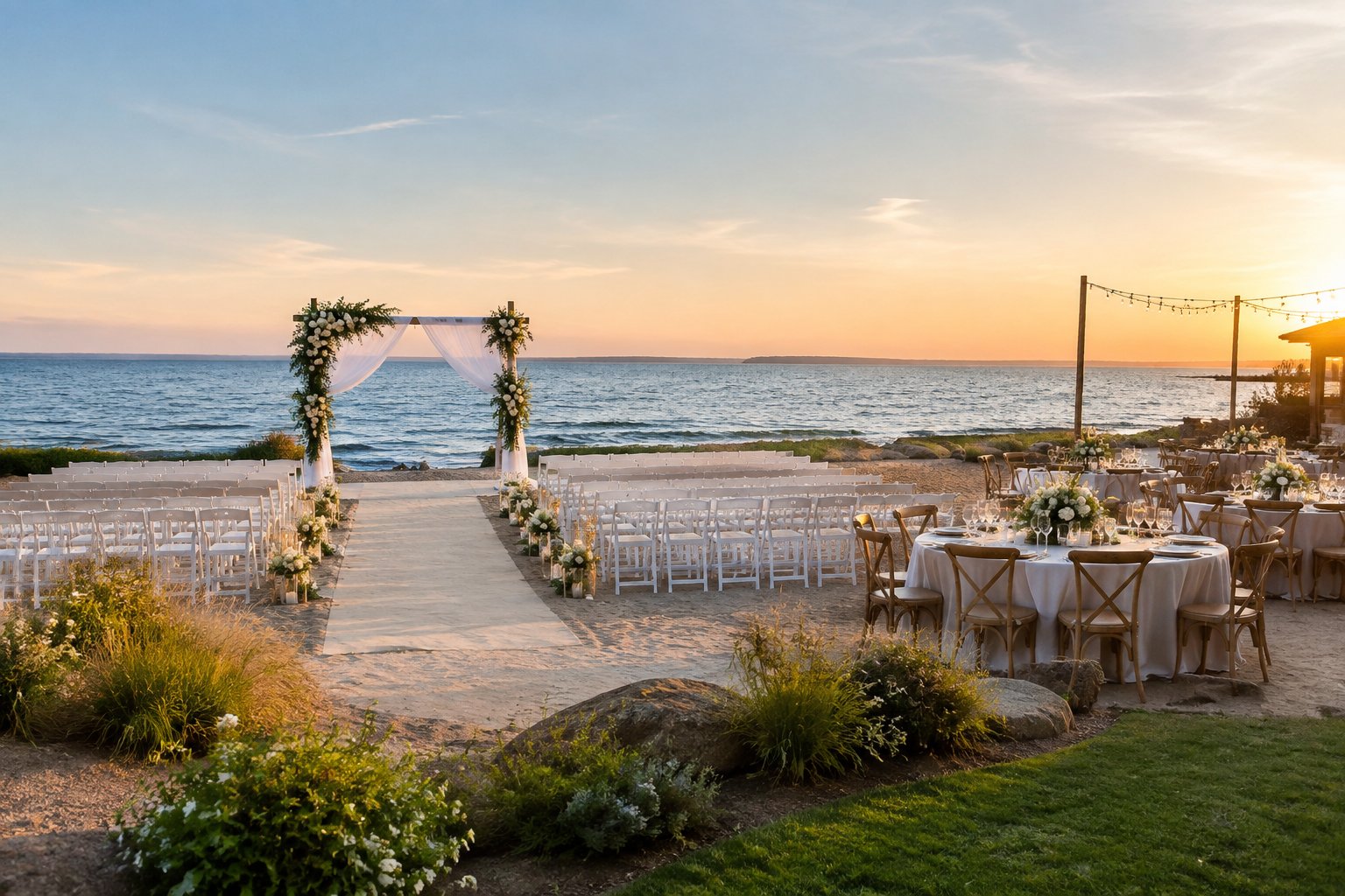 A decorated beach wedding venue with white chairs, a flower-covered ceremony arch, reception tables, and calm water in the background.