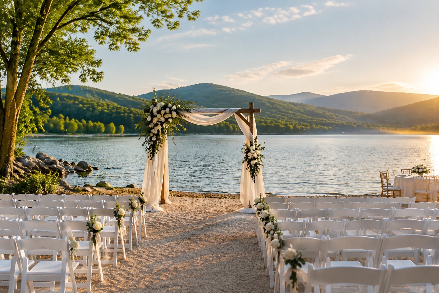 Outdoor wedding ceremony arranged beside a calm lake with trees and hills in the background.