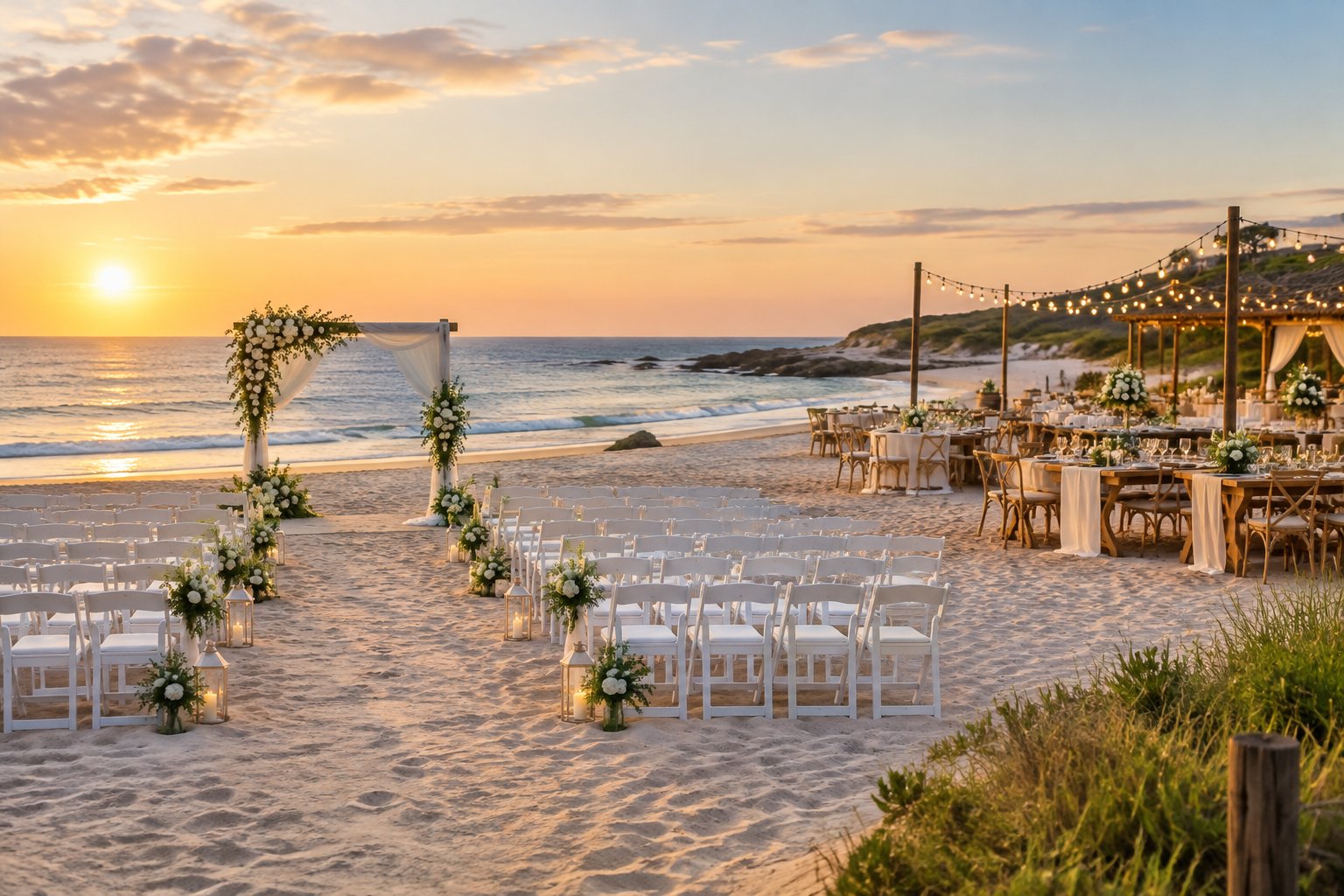 A beach wedding ceremony setup with white chairs, a floral arch, and a reception area beside the ocean.