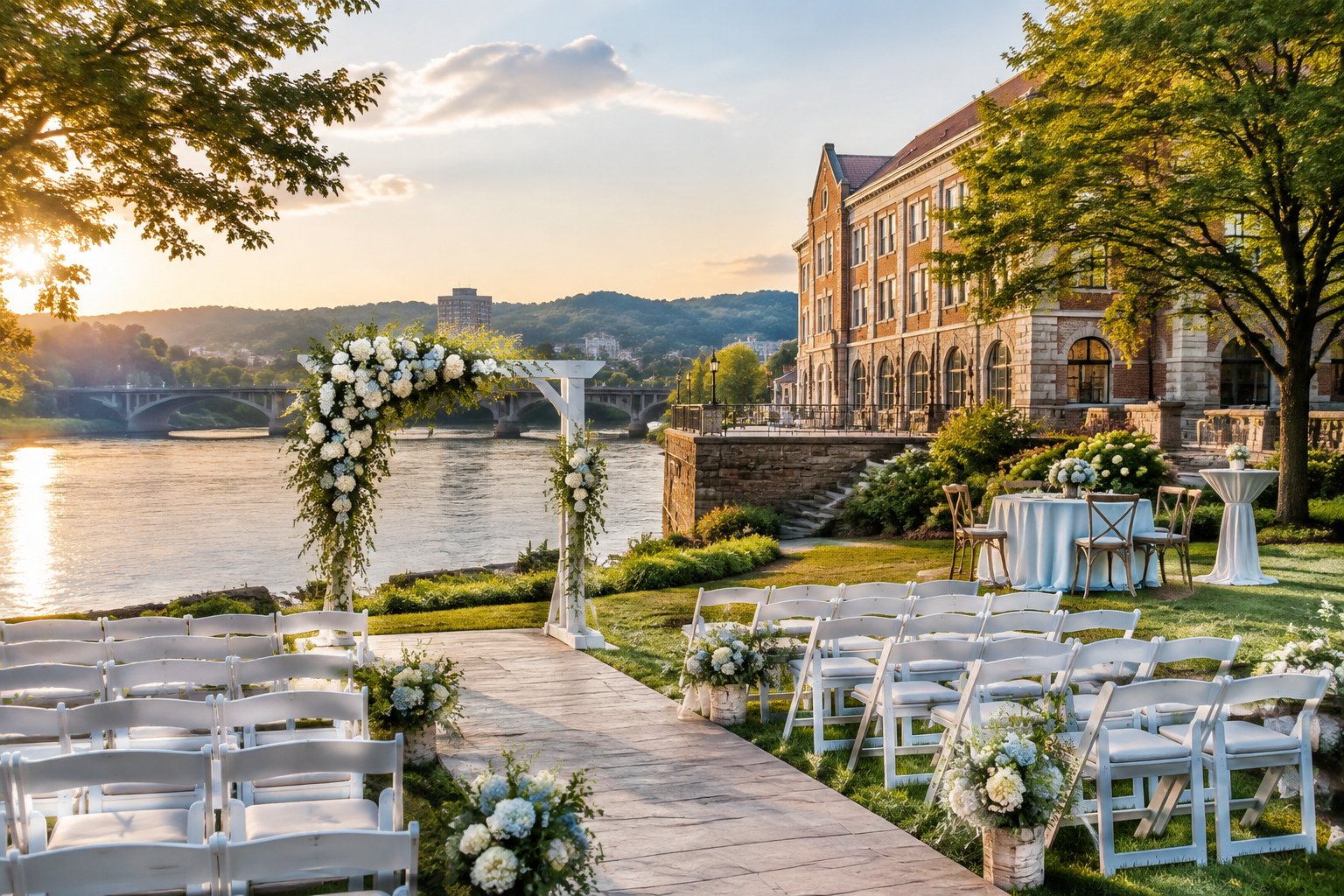 Elegant wedding ceremony setup on a riverside lawn beside a historic venue.