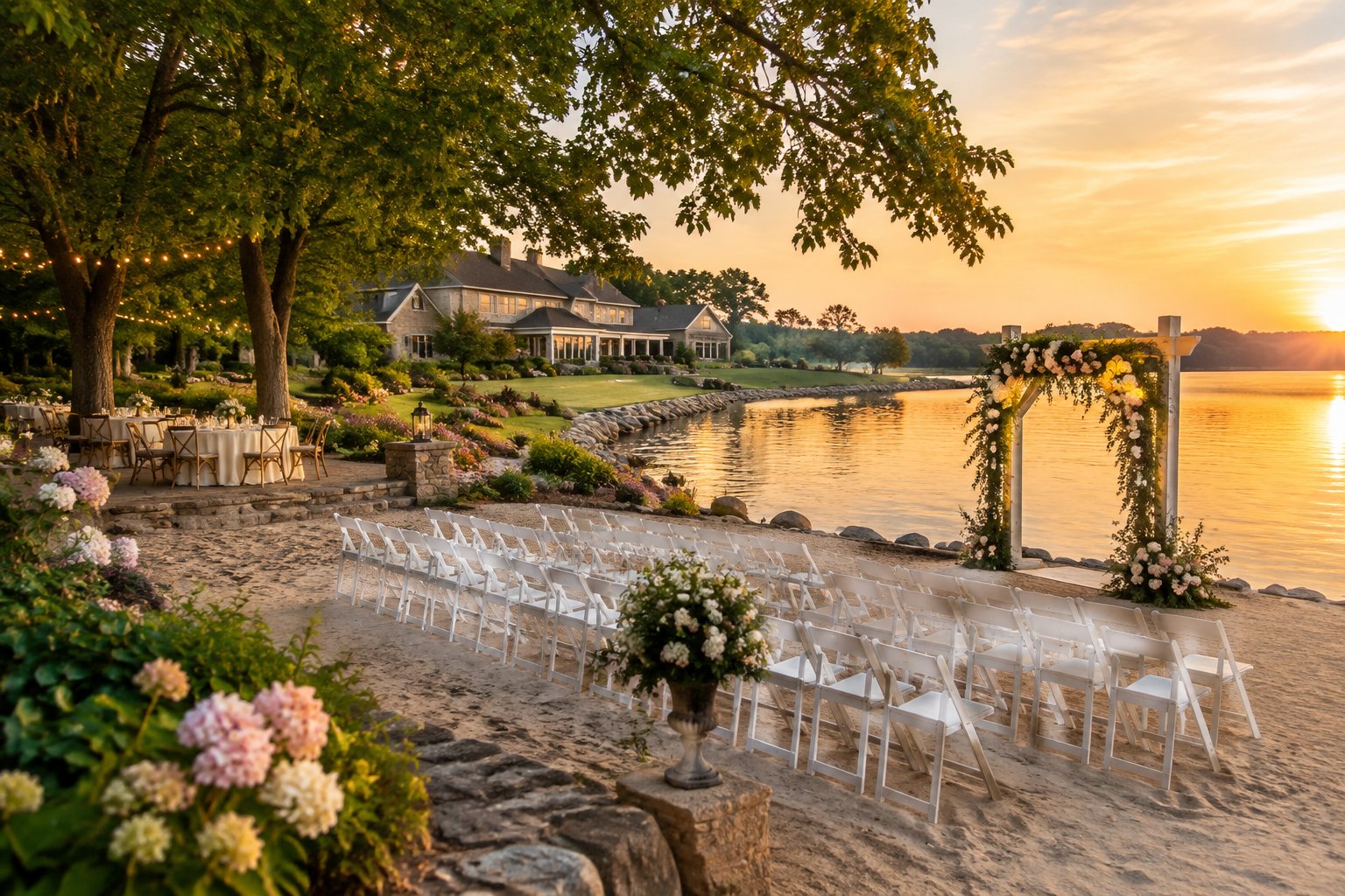 An elegant outdoor wedding ceremony setup beside calm water, with gardens and an estate in the background.