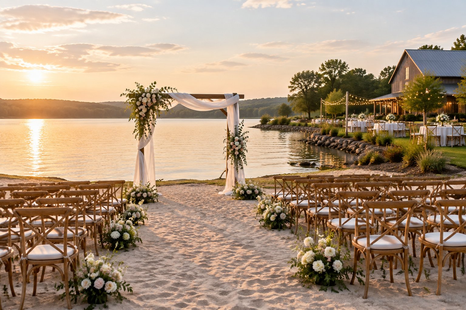 Elegant outdoor wedding ceremony arranged beside a calm sandy shoreline with flowers, chairs, and a draped arbor.