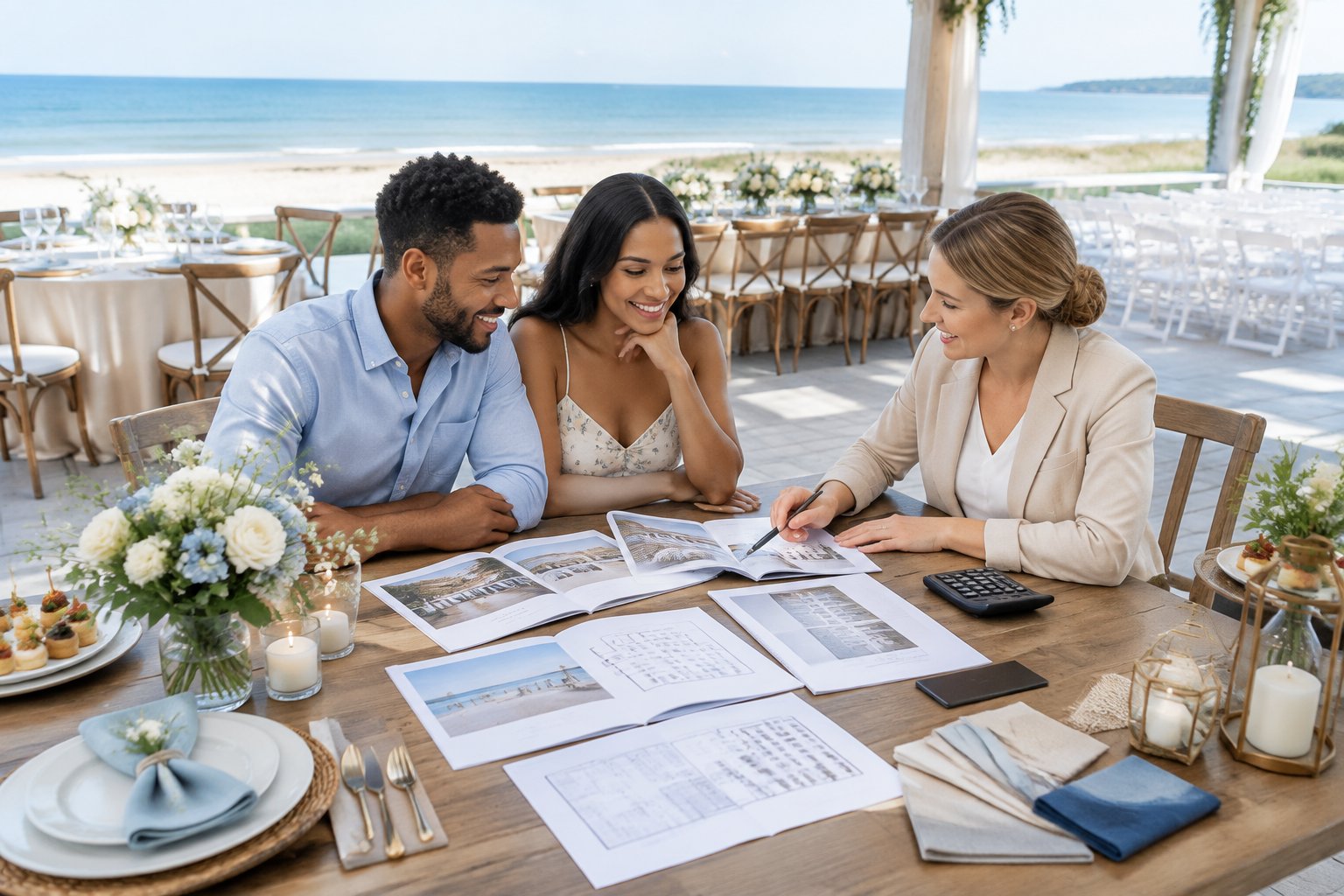 A couple compares wedding venue options with a coordinator at a beachside reception area.
