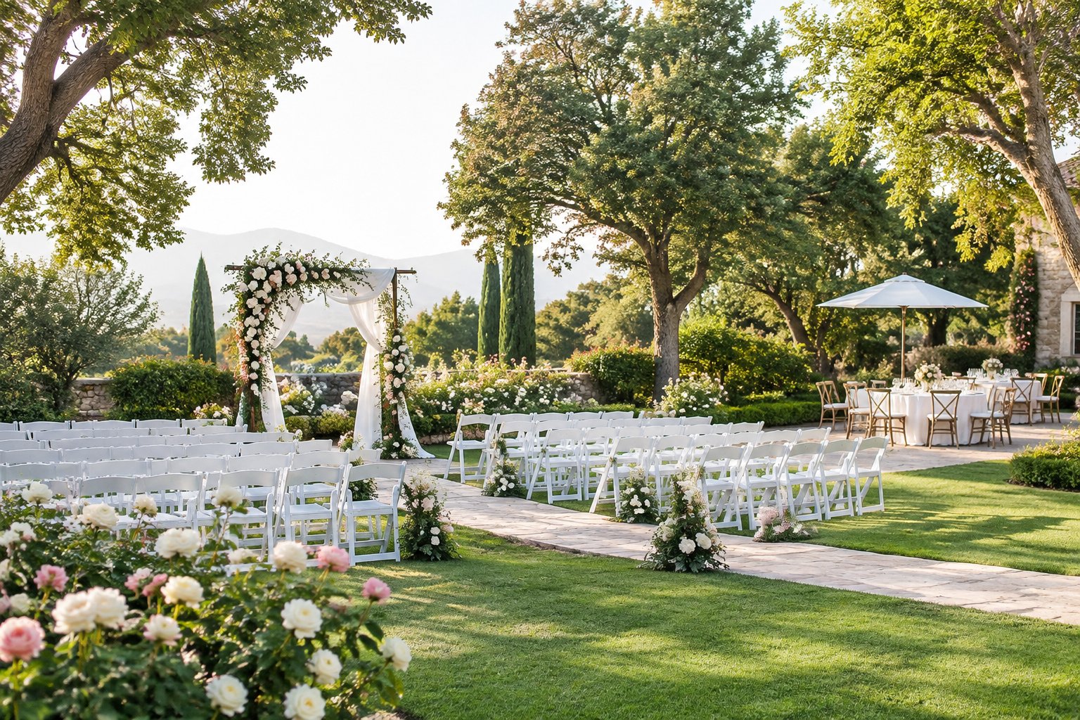 Elegant garden wedding venue with floral ceremony arch, white chairs, blooming flowers, and manicured lawns.