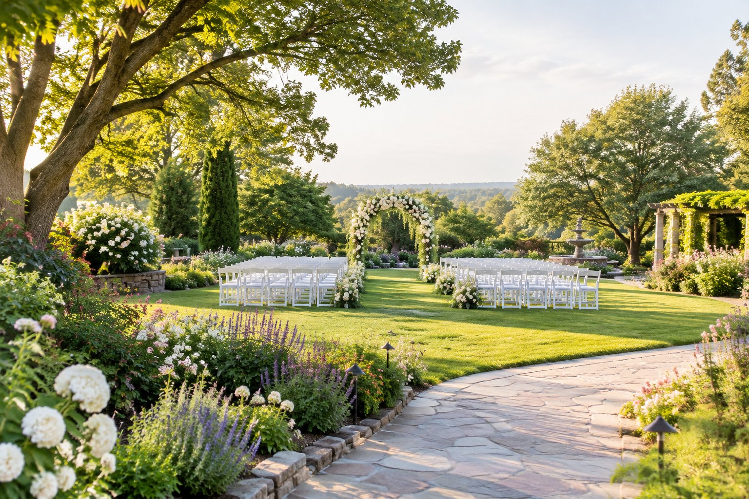 A floral wedding ceremony setup in a lush garden with white chairs, blooming flowers, and mature trees.