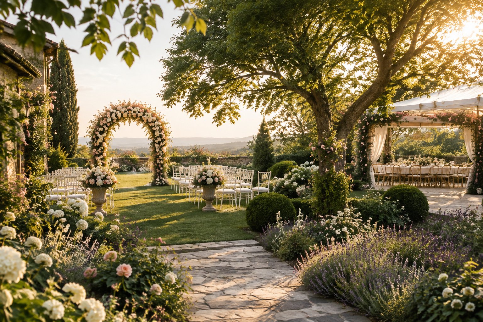 A landscaped garden wedding venue with a floral arch, white chairs, and a reception area surrounded by flowers and greenery.