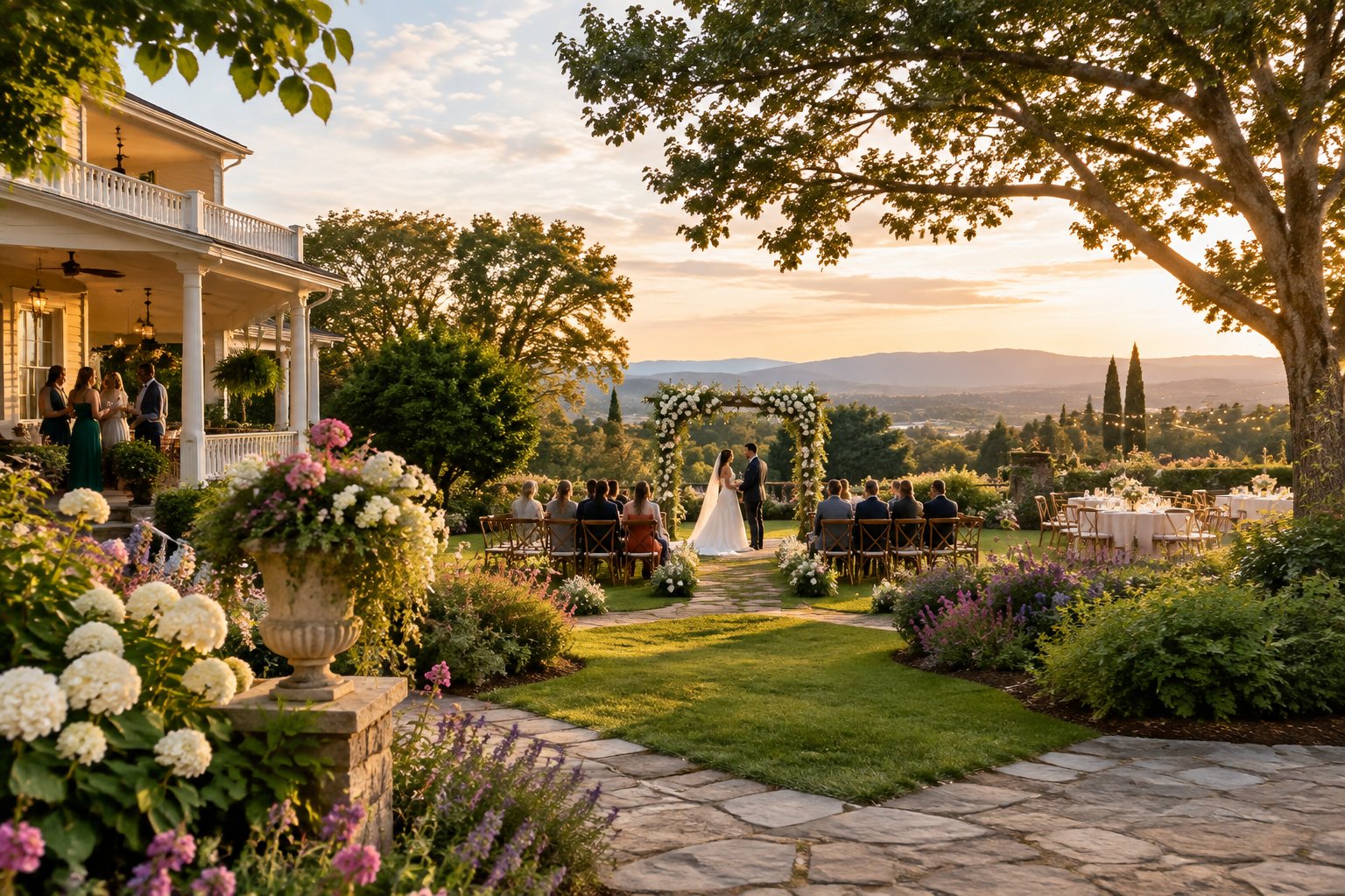 An elegant garden wedding ceremony in a landscaped venue with flowers, trees, and guests.