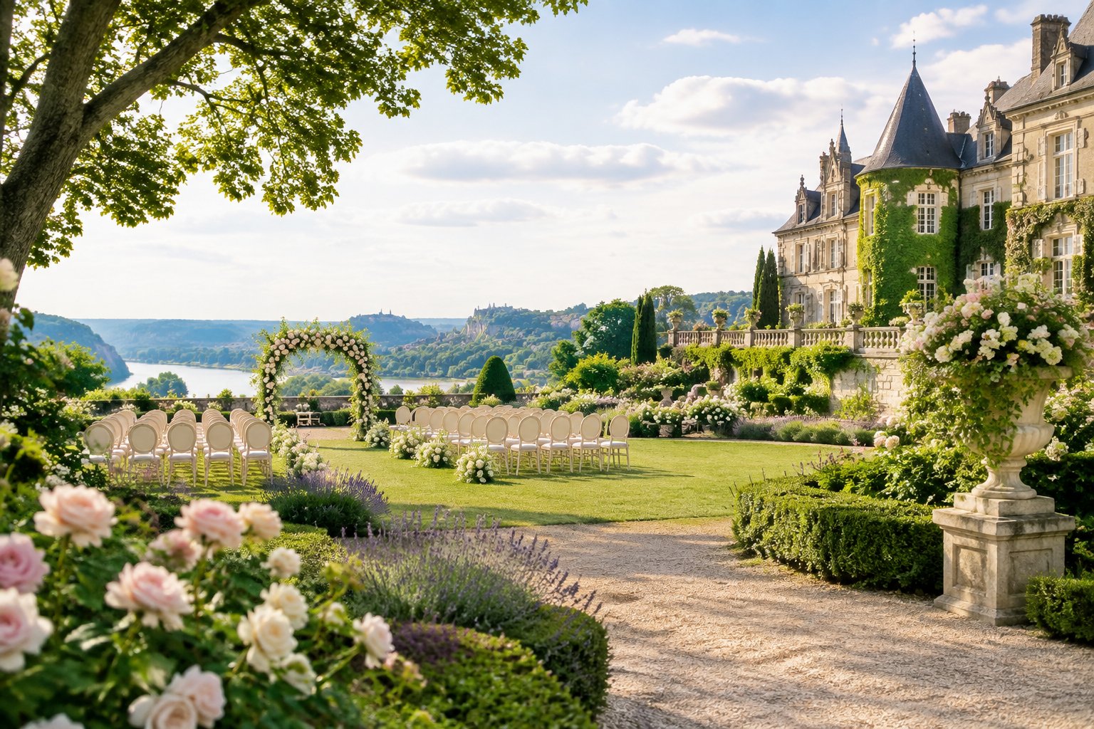 An elegant wedding ceremony setup in a blooming European garden beside a historic mansion.