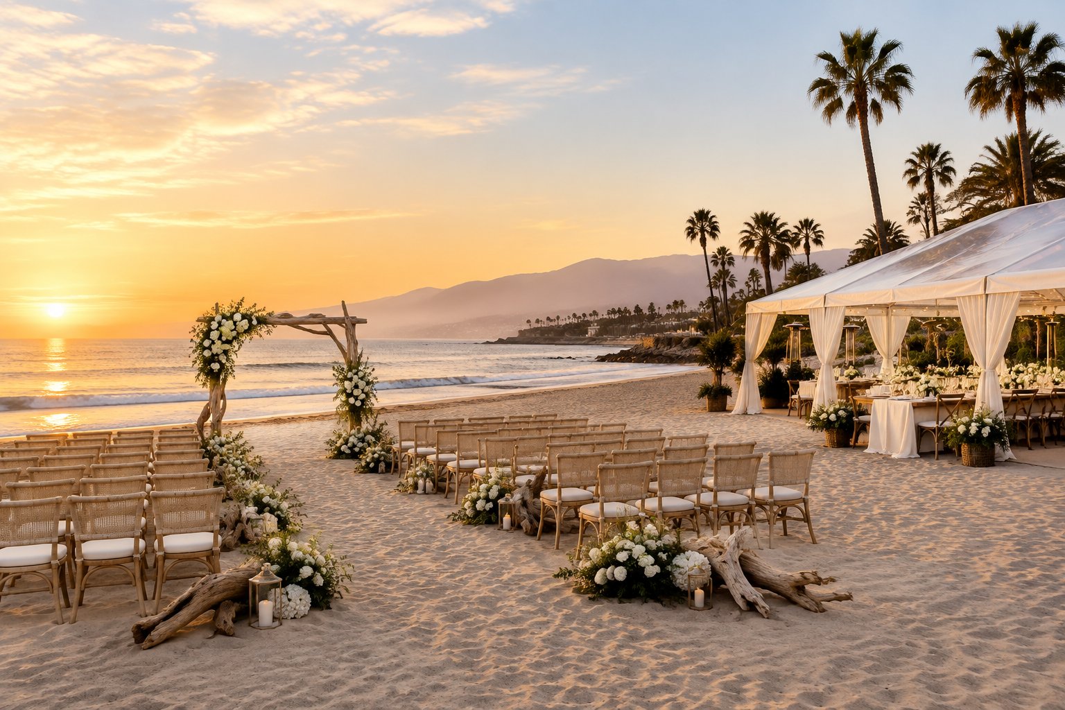 An elegant beach wedding ceremony and reception setup overlooking the ocean in Santa Barbara.