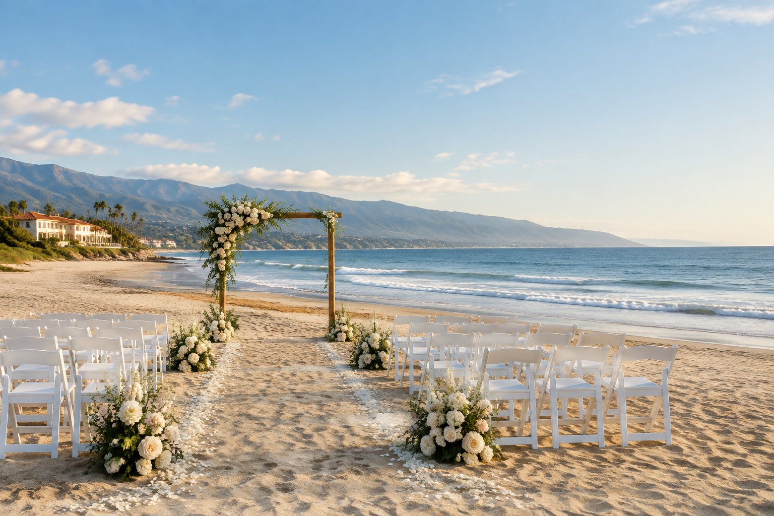 An elegant beach wedding ceremony setup overlooking the Pacific Ocean near Santa Barbara.