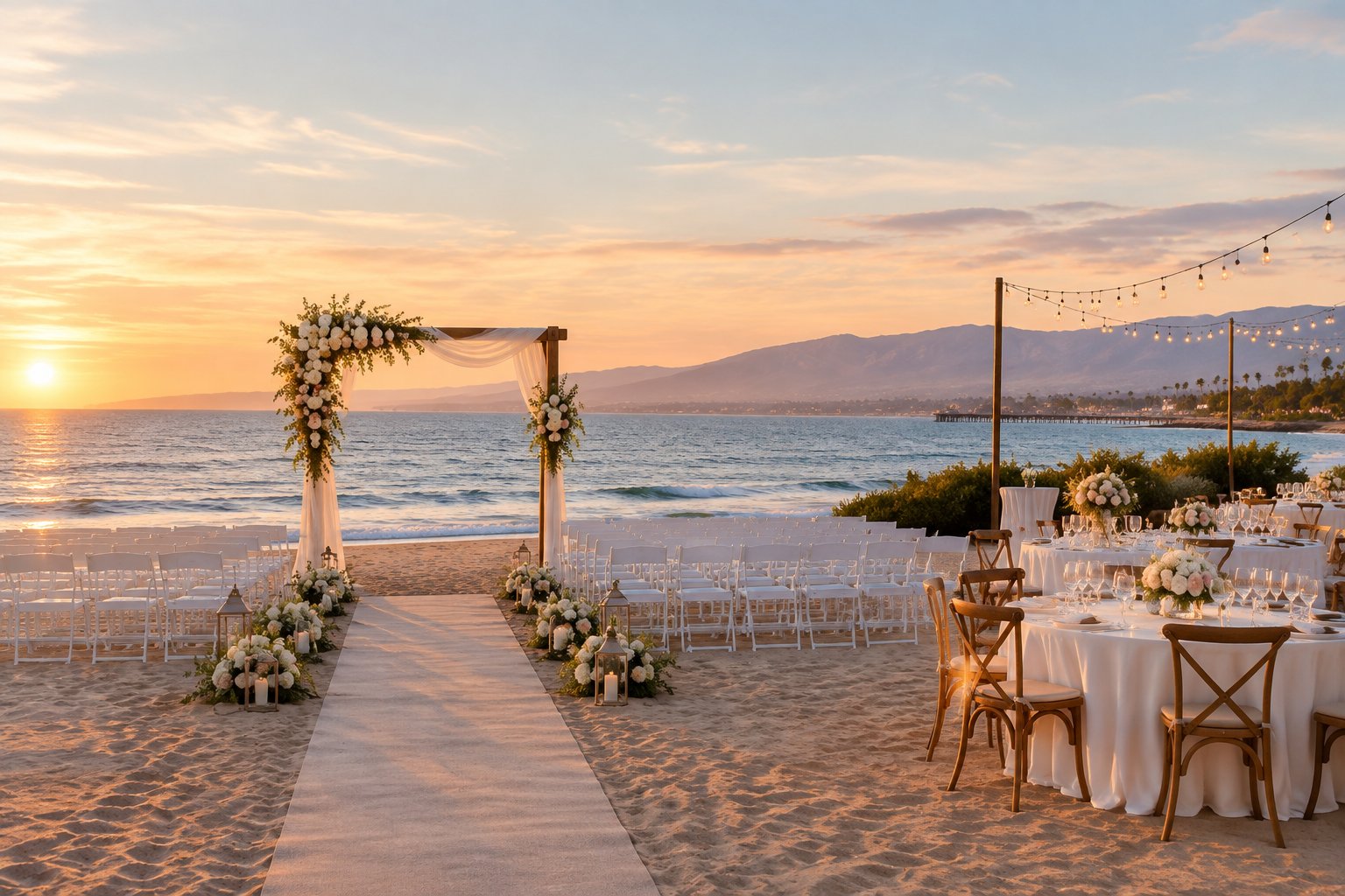 Elegant beach wedding ceremony and reception setup on the Santa Barbara waterfront with the ocean and mountains in the background.