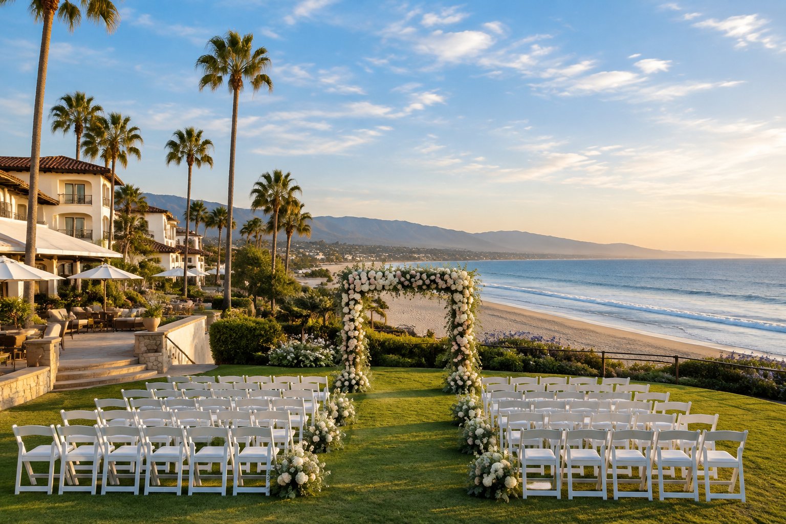 Elegant beach wedding ceremony setup outside a coastal resort overlooking the Pacific Ocean.