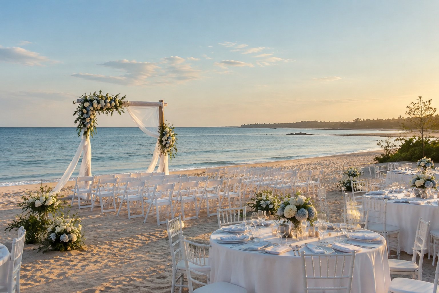 An elegant wedding ceremony setup on a sandy beach with white chairs, a floral arch, and the ocean in the background.