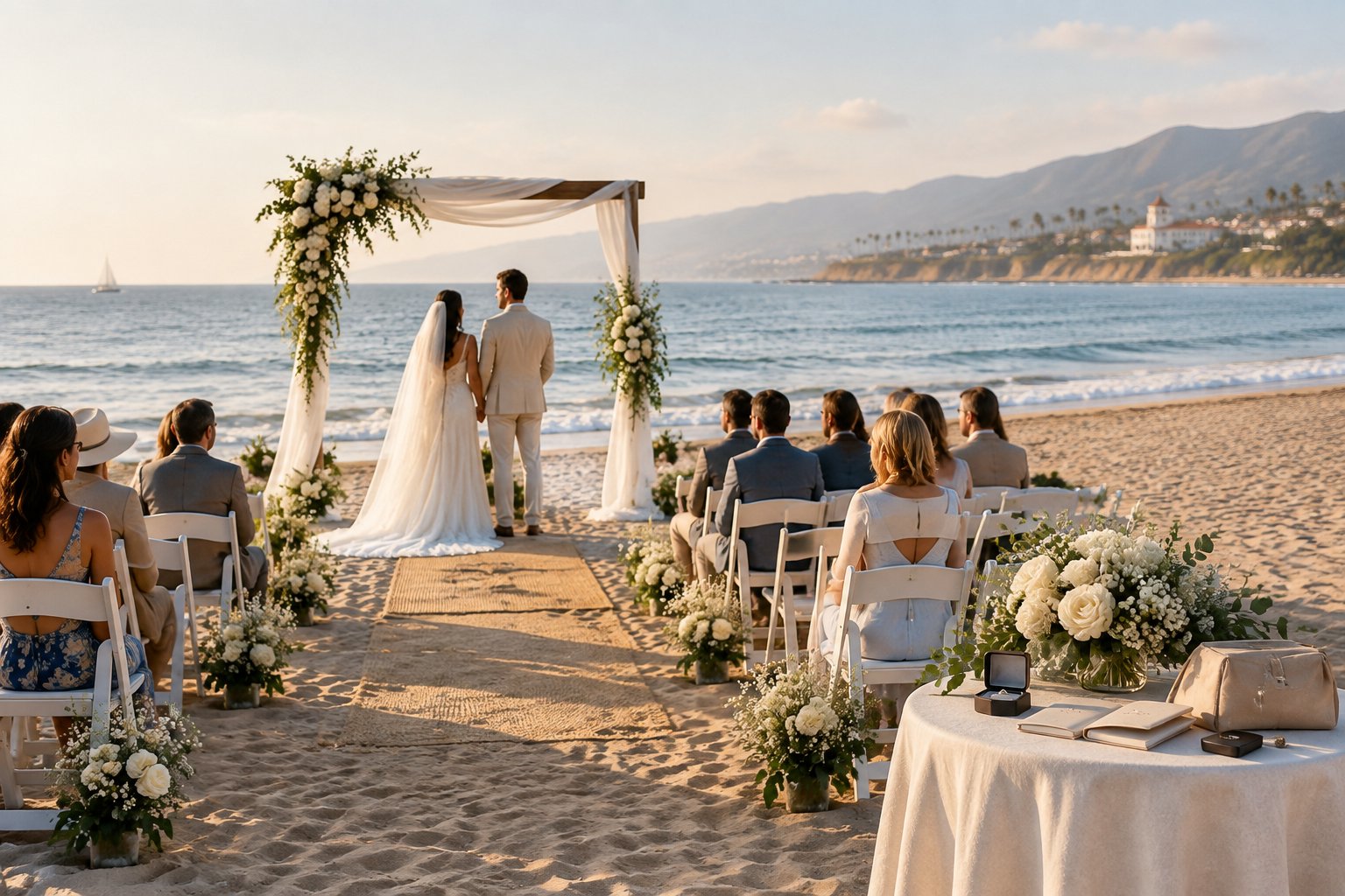 A couple and guests gather beside an elegant wedding ceremony setup on a sandy Santa Barbara beach.