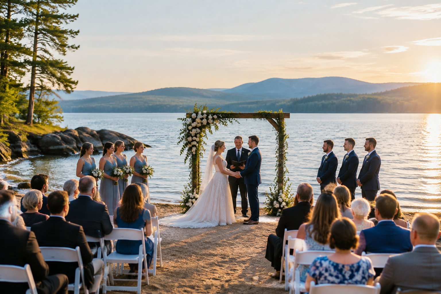 An elegant outdoor wedding ceremony beside a calm lake with mountains and trees in the background.