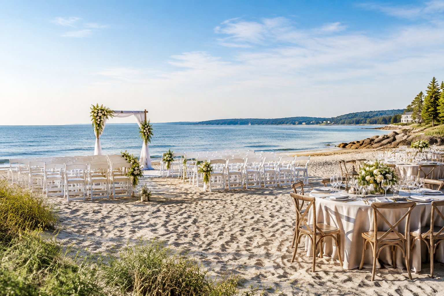 A decorated wedding ceremony setup on a sandy beach beside calm blue water.