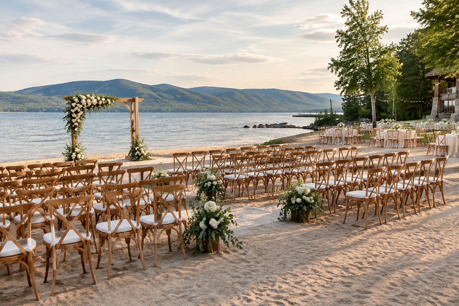 A spacious lakeside beach wedding ceremony setup with rows of chairs, a floral arbor, and distant hills.