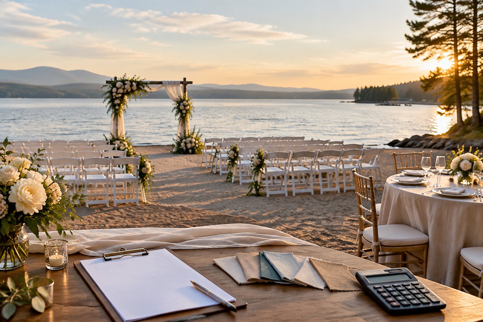 Elegant lakeside wedding ceremony setup with white chairs, floral arch, and planning materials beside the water.