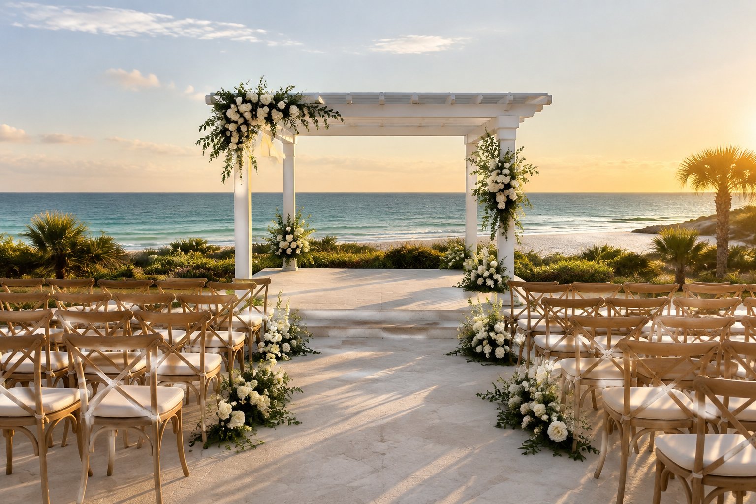 An elegant small wedding venue beside a sandy beach with white chairs, flowers, and an ocean view.