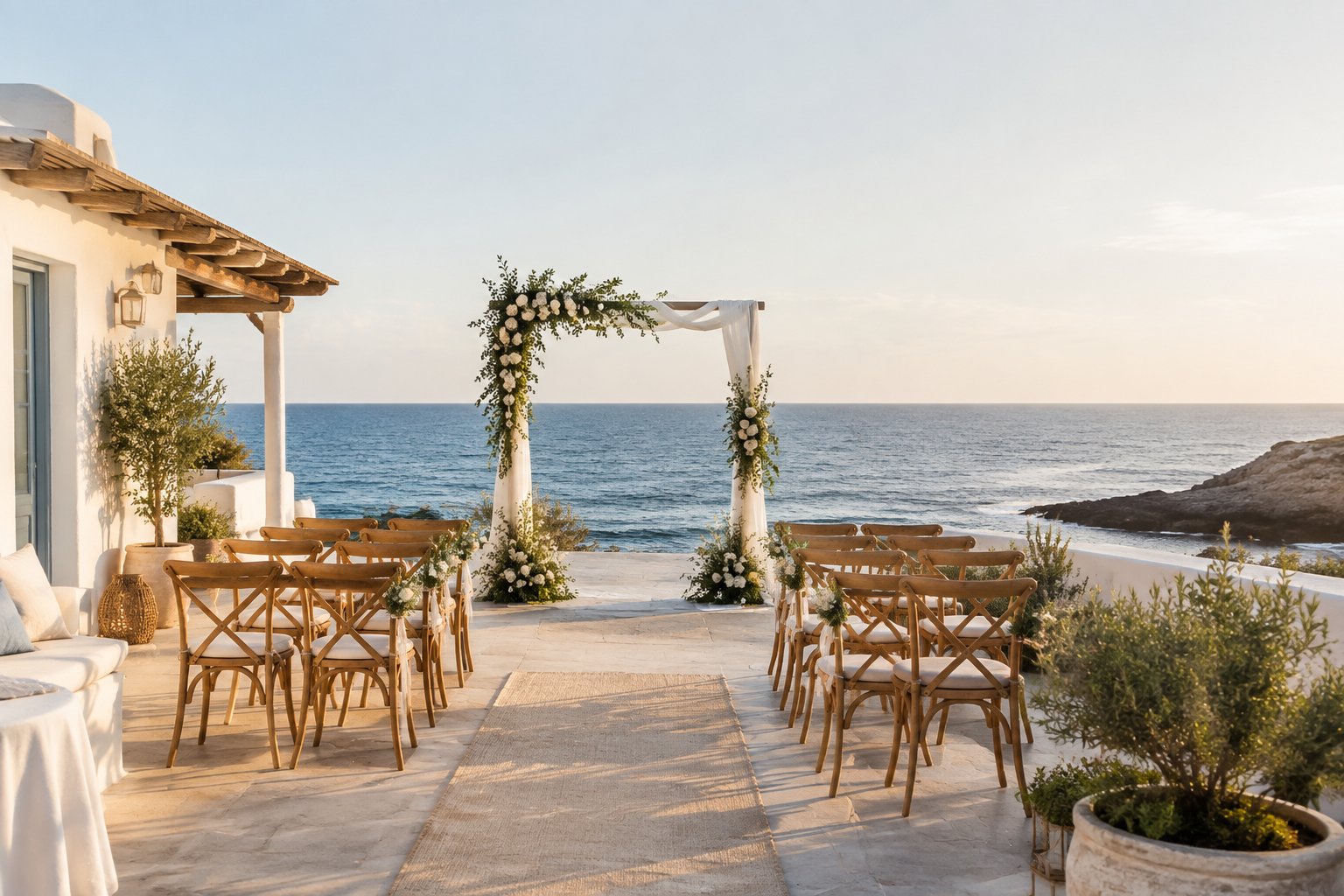 An intimate wedding ceremony setup at a small seaside venue with floral decorations, chairs, and an ocean view.