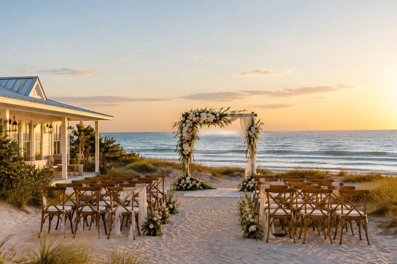 A small seaside wedding venue with a floral ceremony arch, wooden chairs, and a sandy beach beyond.