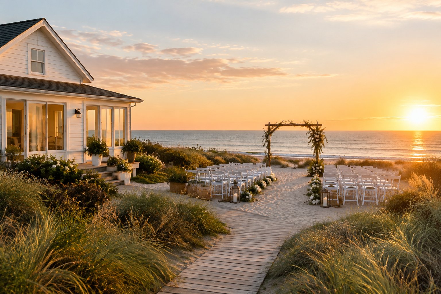 A small elegant wedding venue sits beside a calm beach with a floral ceremony arch and white chairs.