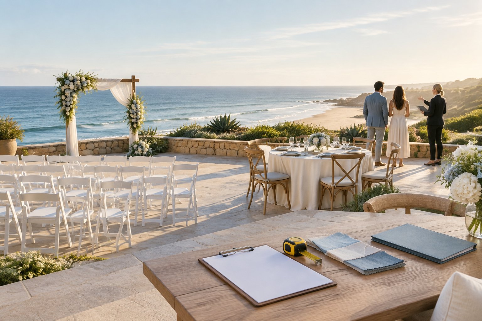A couple and venue coordinator review a small wedding ceremony setup on a sunny oceanfront terrace.